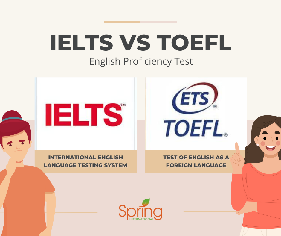 IELTS VS TOEFL - Ielts or toefl, which one is better for me? Check out their differences in terms of exam format, application and usage, location, flexibility, and scoring system | Spring Training